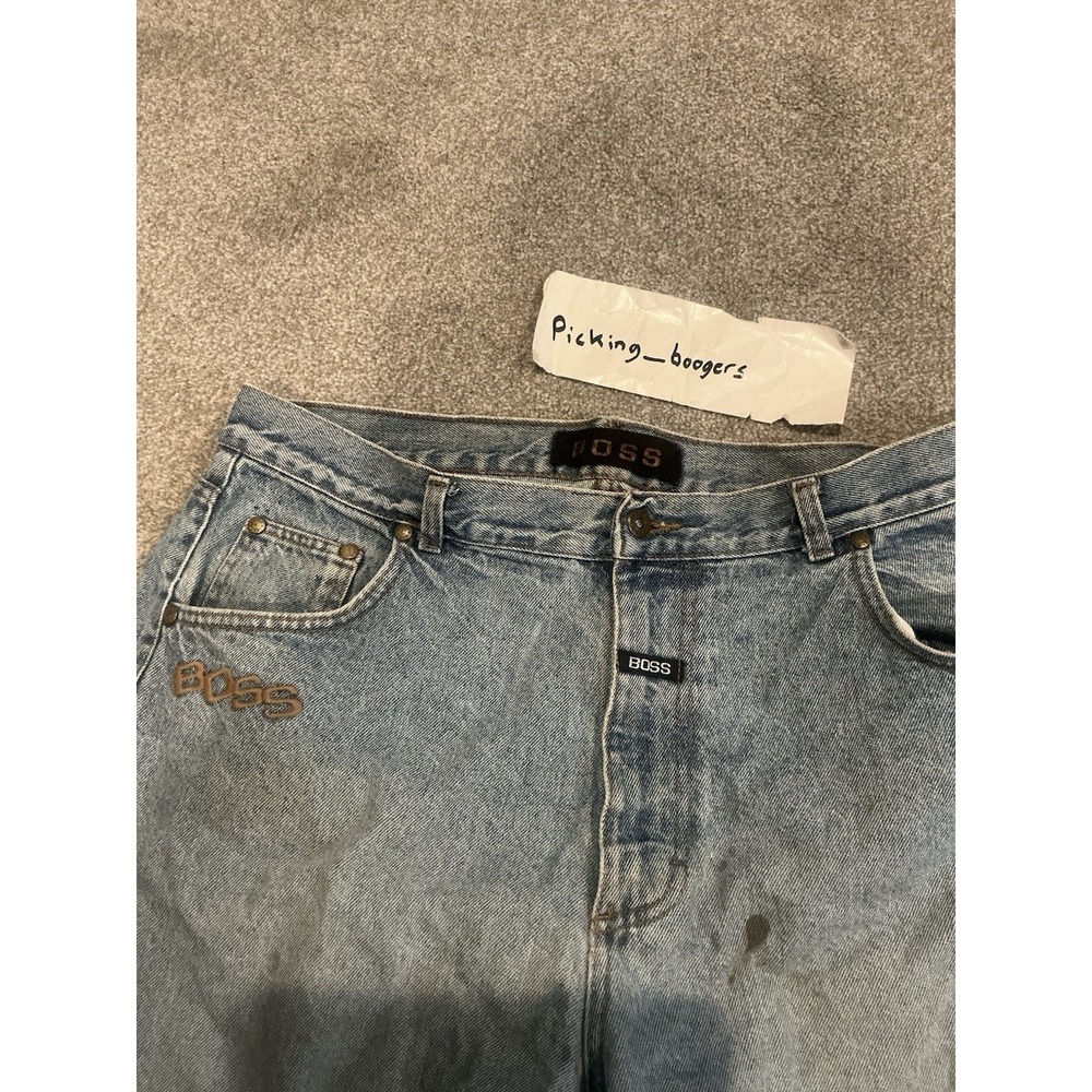 Vintage BOSS lightwash Embroidered Denim Short Size 40, Distressed Y2K Baggy Fit